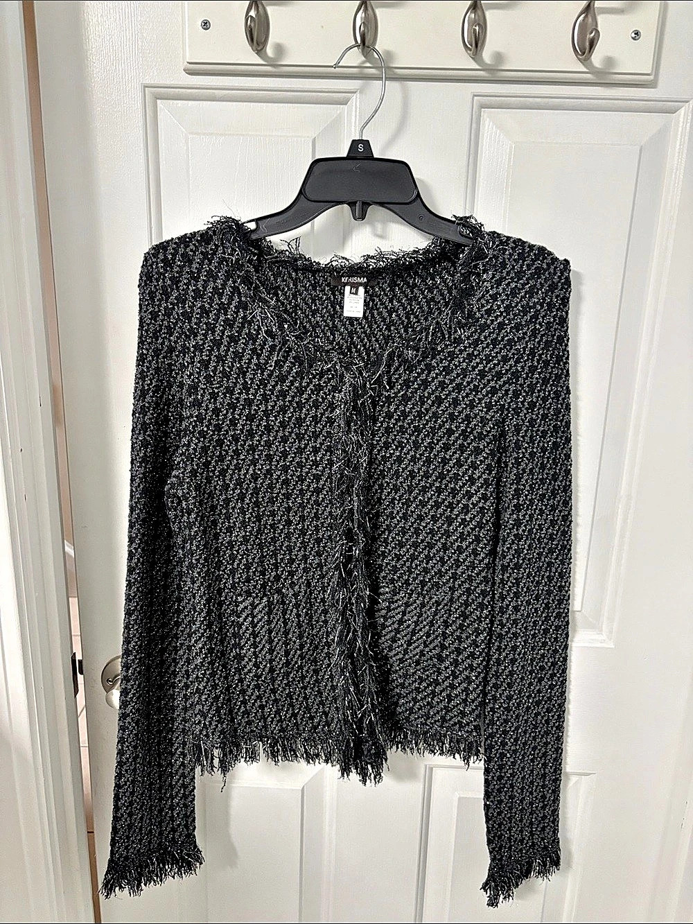 KERISMA Textured Fringe Cardigan in Black Size Medium